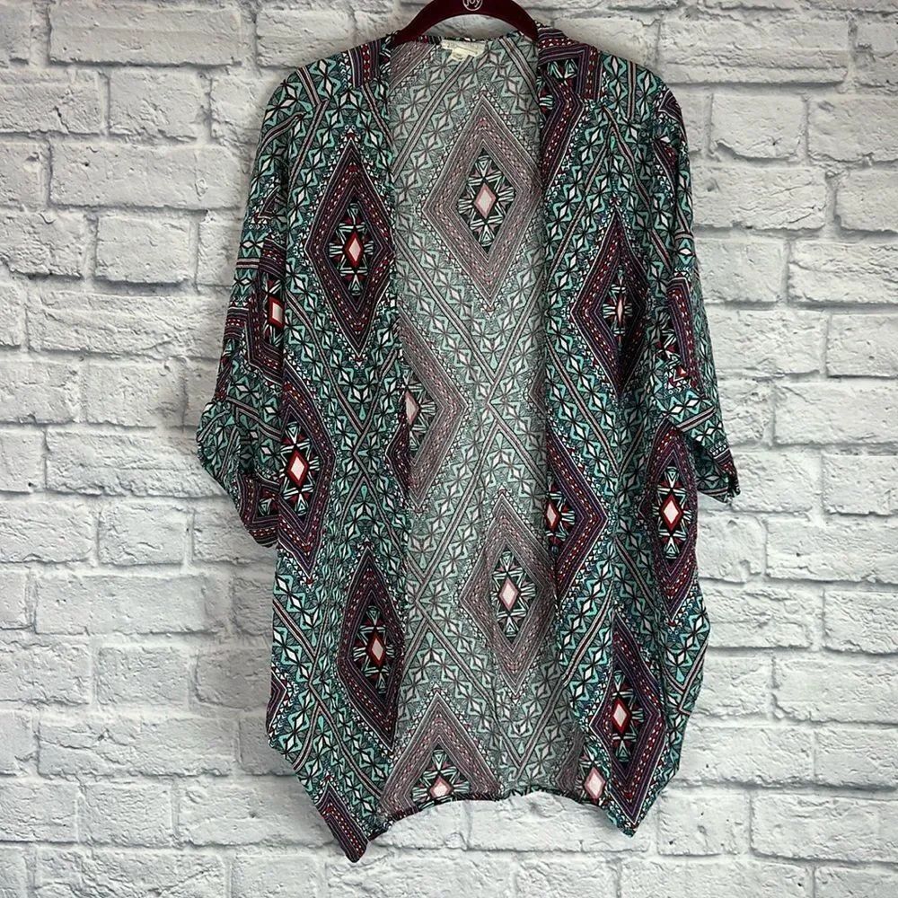 LA Hearts Short Sleeve Cardigan Geometric Blue Red Pattern O/S
